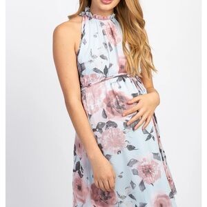 PinkBlush Light Blue Floral High Neck Maternity Dress